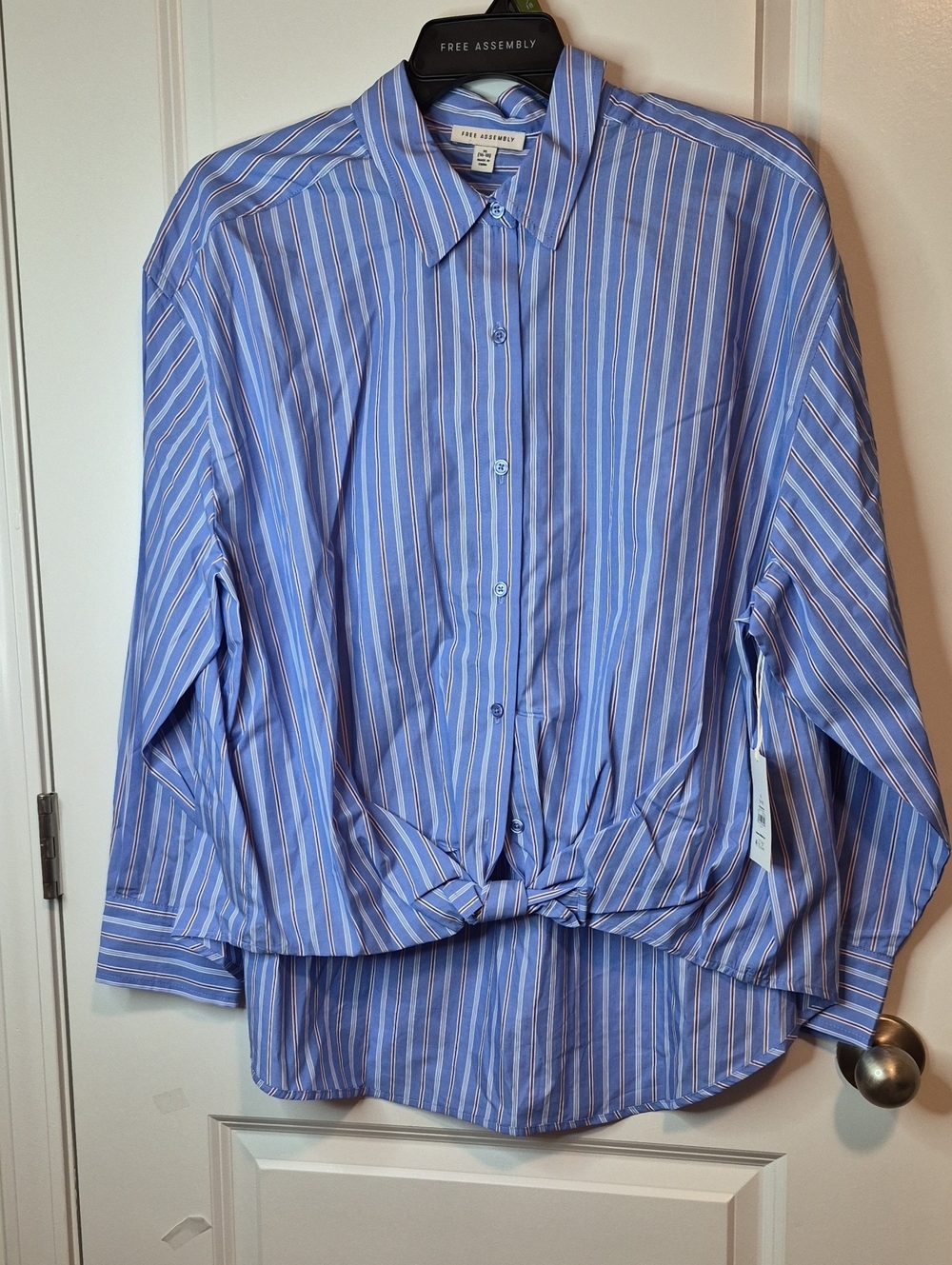 Free Assembly Blue Stripe‎ Button-Front Tie Hem Shirt Size XL